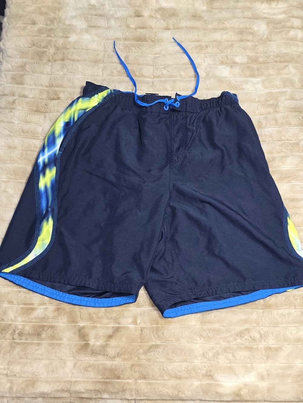 Nike Men's Navy Swim Trunks with Blue Drawstring and Yellow Accent